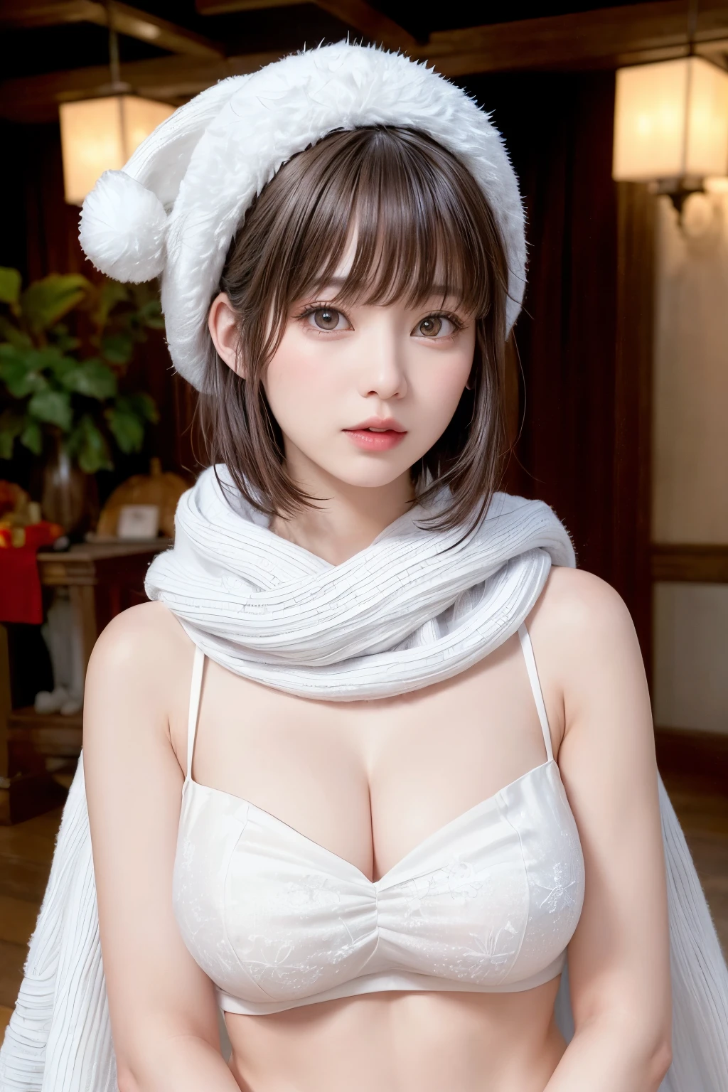 (masterpiece, Highest quality),One Girl, solo, Black-haired, scarf, hat, Realistic, Realistic, Looking at the audience, Light-coloured black eyes, Short brunette bob hair, Brown coat, Winter clothes, White headscarf, Lips, Bans, Plein Air, Mouth closed, Upper body、Big eyes、Eyelashes、((Beautiful landscape with sparkling snow、Large snowflake motif、Beautiful snowy landscape background with no people around))、(((Short bob hair with bangs、Shiny Hair、Big eyes、large full chest、Intensely accentuates the eyes、Staring at the audience、Beautiful beauty、Listen carefully、Long neck、Smile a little、Please close your mouth and laugh、Ideal body proportions)))、{huge|big|hugeな|Mega} chest:2, chestの谷間:2、
