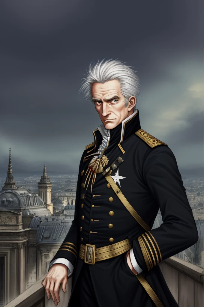 Highest quality, masterpiece, High resolution,，（Kellermann），French，French Revolutionary Soldier，Medals，marshal，（French cityscape_background）Broad forehead，Middle-aged men，Anime Style, 4K, alone，whole body， looking at the camera, ，White side hair，black_coat， Hyper Detail, (Intricate details),