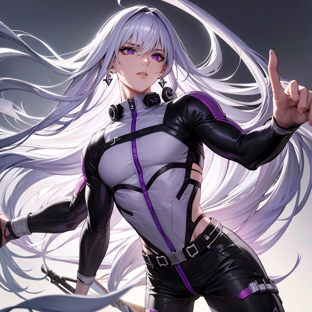 solo, boy.long hair, White hair, Pumped up body.purple eyes, Black earrings.a high resolution, Realistic anatomy,