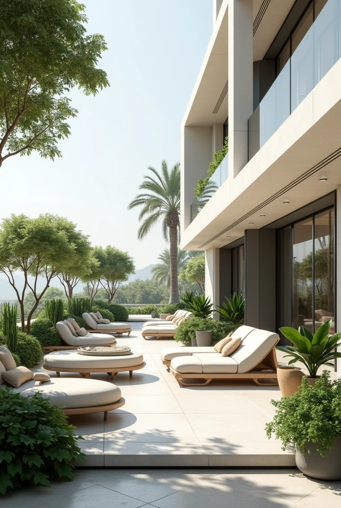 Make the interior of a futuristic terrace with neutral colors and including elements of serene plans
