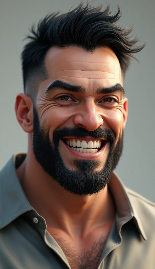 A male figure in his 30s-50s, with well-groomed, slightly wavy black hair neatly ending at his ears. He has a broad forehead and thick, very black eyebrows, with a noticeable vein between them that shows clearly when displeased. His nose is sharp and prominent but not overly long, and he sports a thick, neatly trimmed beard and mustache. His teeth are spaced, with one visibly broken from an old injury, giving him a distinctive look. His face is muscular, and he has a strong, healthy appearance. He smiles and can laugh without excessive expression, showing calm and control. He is wearing a neutral expression with slight smile lines, with his body appearing fit and energetic.