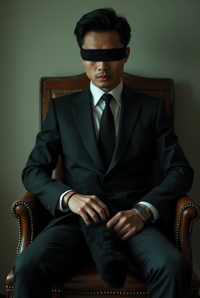 There is a handsome young Malay businessman from Malaysia named Haqiem tangan,legs with black short socks tied to a chair and eyes covered with a cloth A man who kidnapped Haqiem and tickled the soles of Haqiem&#39;s feet with chicken feathers