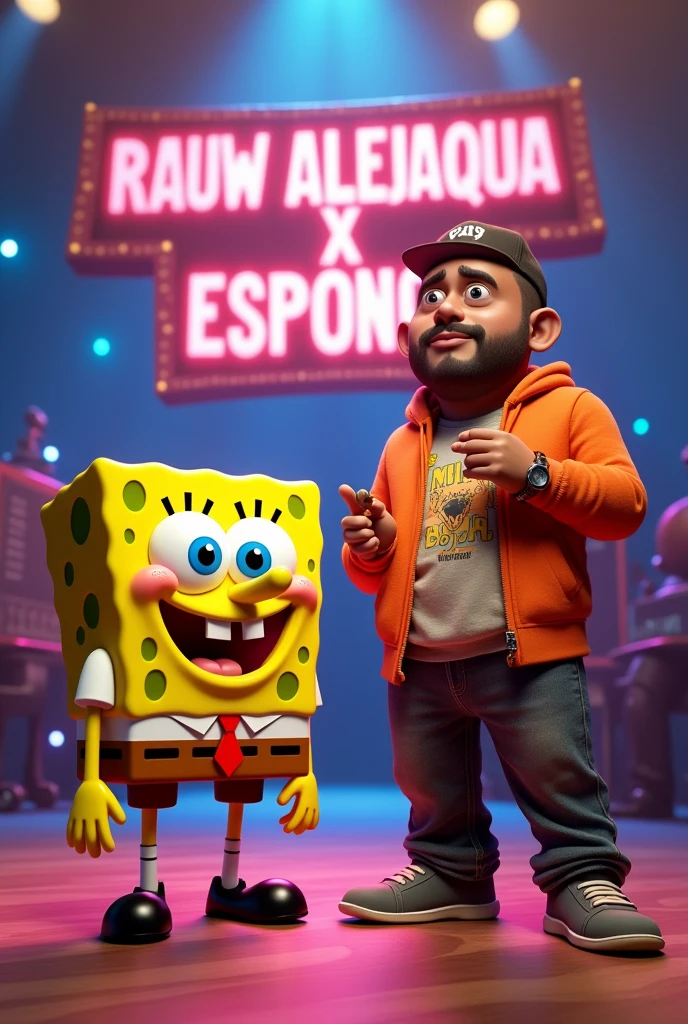 Create SpongeBob in an animated way on a stage with the famous reggaeton singer Rauw Alejandro who is a realistic dark-skinned person, with a sign that says "RAW ALEJANDRO X BOB ESPONJA"