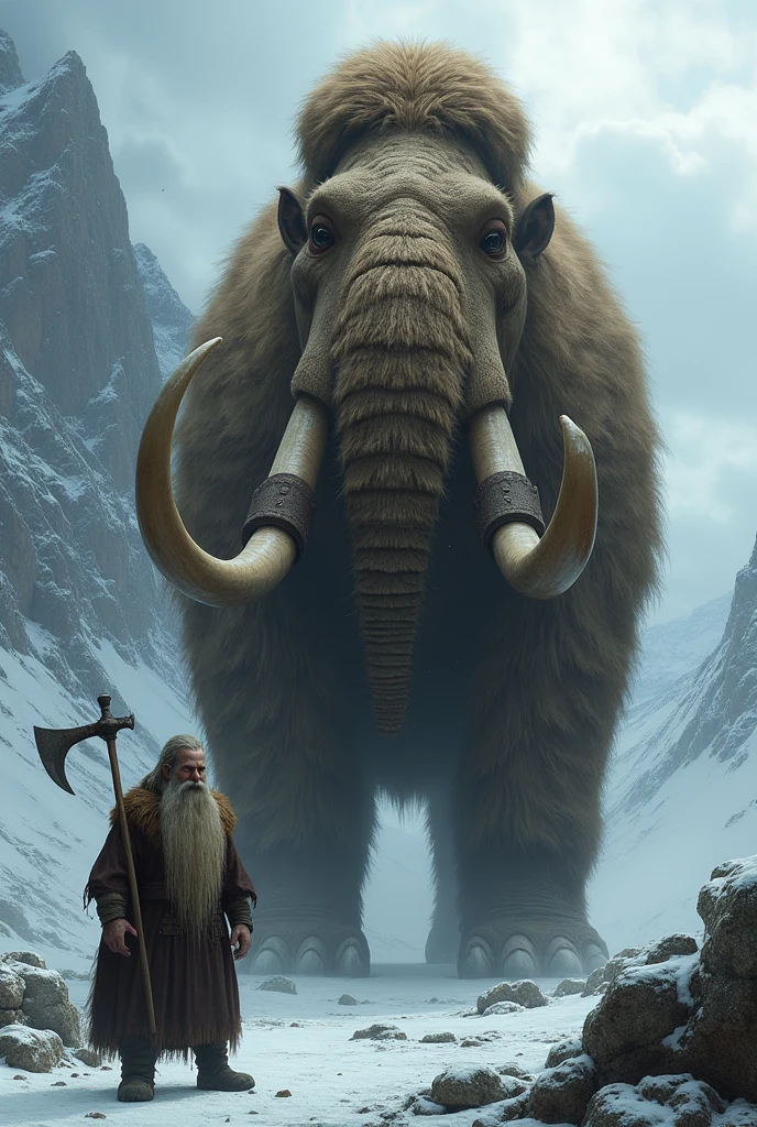 mammoth with amputated ceca, with axe-shaped paws, next to him is a dwarf with a beard down to his