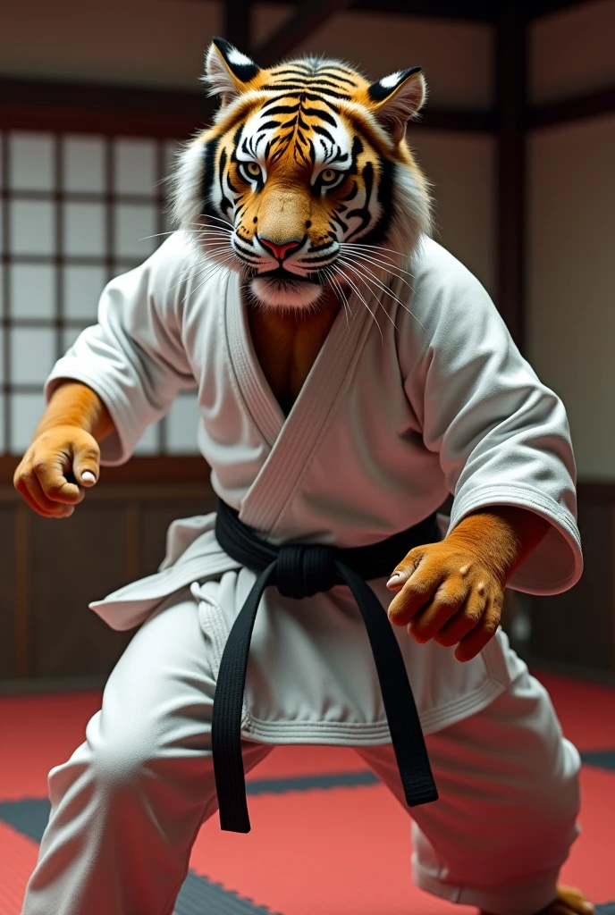 Create a hyper-realistic image of a karate-trained tiger in action inside a traditional Japanese dojo. The tiger must be dressed in a karate uniform (karate gi) impeccably detailed white, with the black belt perfectly tied around the waist. The gi must have realistic textures, showing the weight of the fabric and the natural folds caused by movement.
The tiger must be in an attacking pose, like a front kick or a punch, with minute details in the claws and muscles highlighted. The tiger's facial expression should be one of extreme concentration and determination., with realistic wrinkles around the eyes and a piercing gaze. Add realistic drops of sweat running down the tiger's body, reflecting light.
The dojo must be represented with meticulous attention to detail.: red or blue colored tatami with realistic textures, rice paper walls (shoji) with visible texture patterns, and a wooden strip with Japanese characters (kanji) precisely carved. Include karate accessories, as training poles (makiwara) and swords (bokken), with detailed finish and realistic wood.
Lighting should be dramatic and realistic, with a targeted focus that highlights the tiger's musculature and characteristics. The light should create natural shadows and highlight the texture of the gi and the tatami, while the background should have a realistic depth that gives the feeling of a three-dimensional environment. The image must capture the tiger's movement with such a high level of detail that every muscle and fold of skin is visible and realistic..