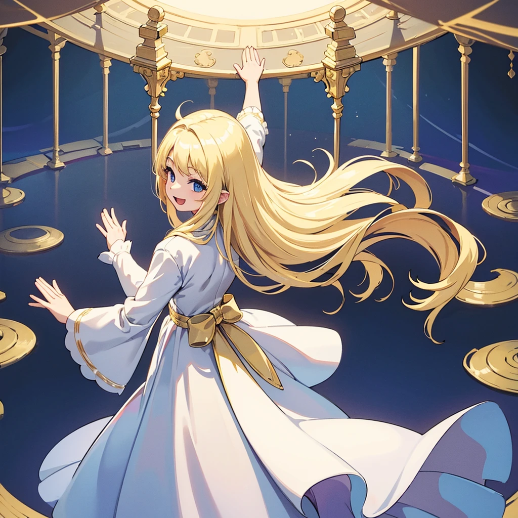 (((Solo)))、middle ages、Fantasy、Highest quality, Best Quality,royal palace、 (((Blonde,long hair、child、)))、(smile、Open your mouth)、White clothes、From above、wave hands、greeting、(White background)、(From the back、back view)