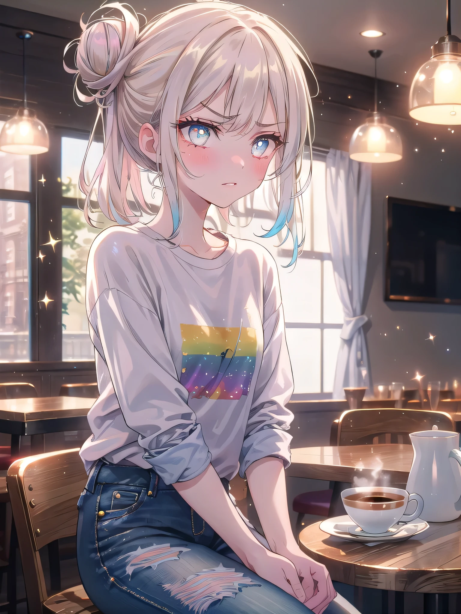 ((8k, Highest quality, masterpiece: 1.3)),Ultra-high resolution,(1 girl, alone), (Color changing eyes, Ultra-detailed, Expressive brilliance, Glitter, Glowing Eyes), Highly detailed eyes, Highly detailed face, Random Hair, ((pastel colour) The woman is seated at a small table in a vibrant, lively café filled with the hum of chatter and the aroma of freshly brewed coffee. A simple cup of coffee sits in front of her, accompanied by a small saucer. She’s wearing a casual, loose-fit plaid shirt over a plain white tee and ripped jeans, her hair styled in a messy bun. She’s looking at the camera with a slightly pouty, annoyed expression, her lips pushed out and her eyes narrowed slightly as if she’s playfully sulking about something trivial, perhaps a playful disagreement.