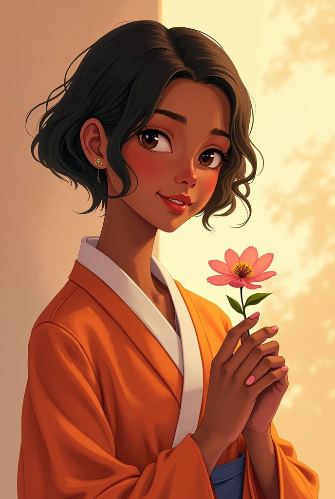 A woman with dusky more dark
skin tone in huddie suit smiling having flower in her hands short hair