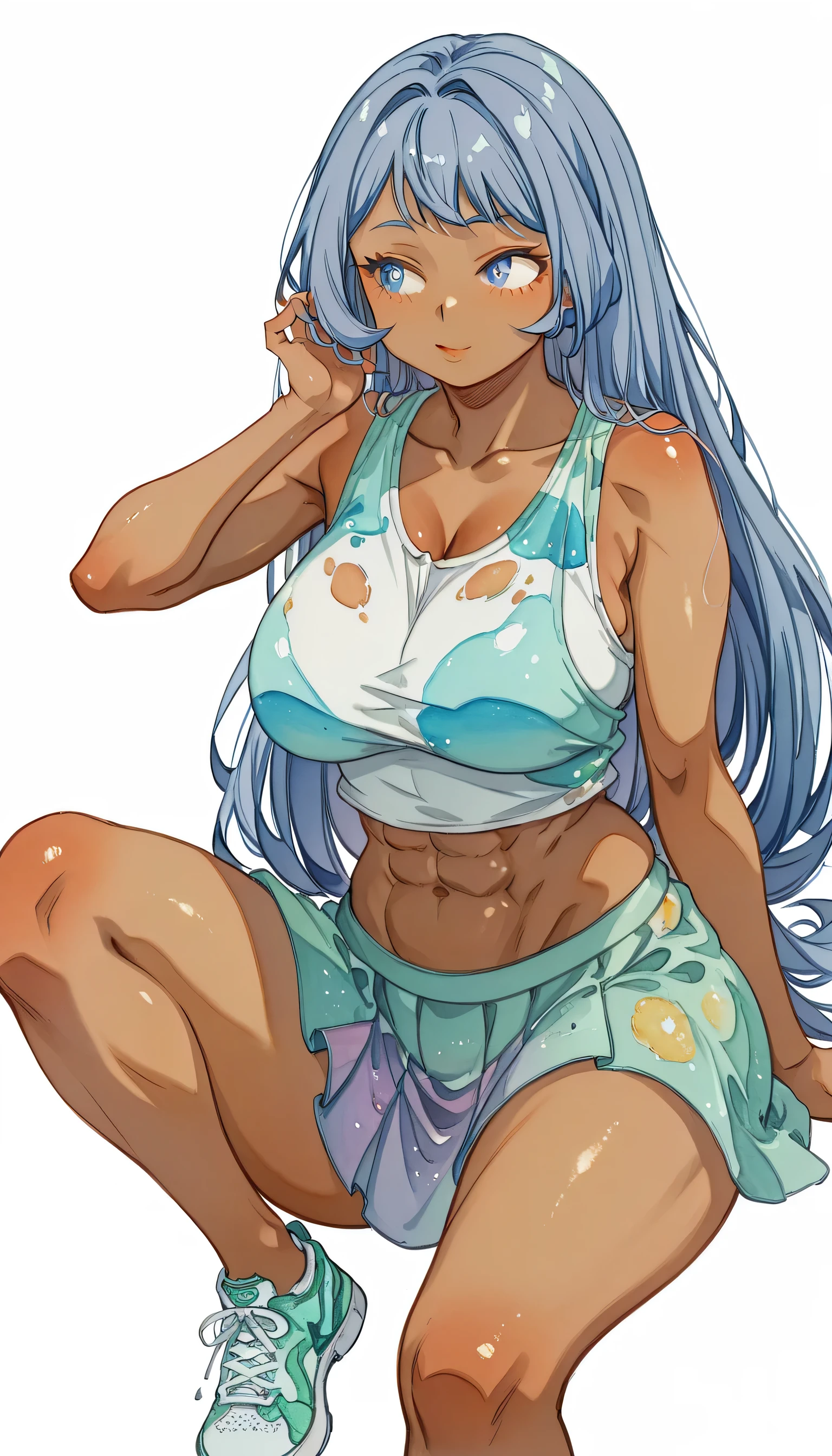 absurdres,, (mature woman1名:1.2),  (abs:1.23),huge_breasts、(dark_tanskin:1.3)unity  Dynamism,forward leaning posture、well-developed abs:1.5、(Blue hair)、spread your legs、she looks away, Loose-fitting clothing、skirt、Blurred Background、Sagging breasts、Leaning forward,((manga style:1.23)) , 、(white background:1.5)、Loungewear、A happy look、Plump body、Sitting、Legs crossed、Watercolor、(Watercolor style:1.8),My Hero Academia、Nejire Hado,  (colorful clothes:1.5)