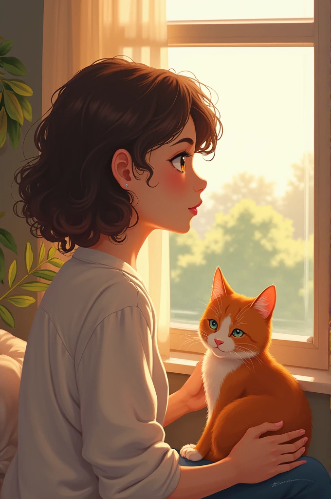 Draw a light brown-skinned woman with curly hair, Brown eyes and a little chubby with a sweet face and although a little sad, contemplating a landscape through the window of his room with his orange cat at his side. anime style