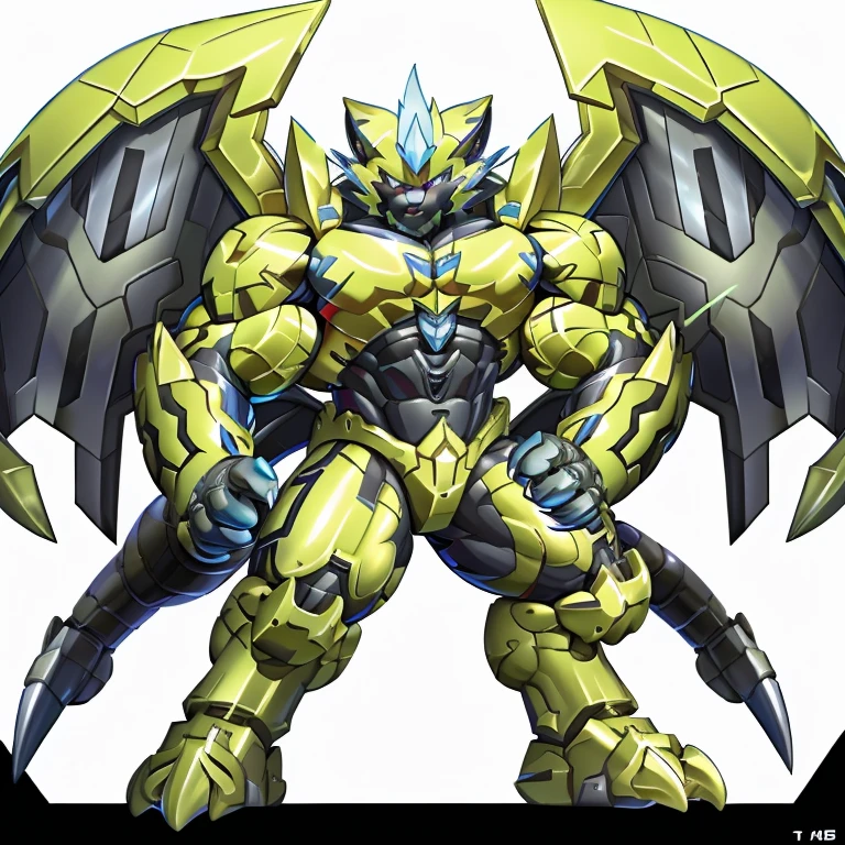 (ZERAORA, 8K), (Zeraora's giant robot, Powered exoskeleton with the same design as Zeraora), (Masterpiece, highres) (Detailed head, Detailed Body, Detailed abs, full body) (gigantic muscles, Gigachad Muscular, big muscle, pecs, triceps, traps, unusually developed muscular body, body full of huge muscles. showing off muscles, pectorales enormes, Exaggeratedly huge muscles.) (nj5furry, The claws are sharp, Sharp teeth, sharp claws), (long legs), (Spread wings, It has wings, have big wings, golden wings), (Wrestling, wrestler, the bodybuilding), (It has wings, whole body shines like metal, Wearing cyberpunk mecha, emphasizes the muscles, suit fully made of metal, intricate armor, Robotic suit, suit fully made of metal, cyborg), menacing pose,