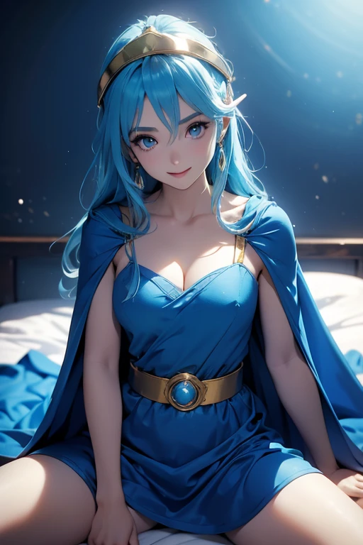 sage, dragon quest 3, 1Only people, At the bed, Straddling a man's lower abdomen, Spread your legs, Blue Cape, White Dress, Blue Hair, A gold ring on the head with a jewel in the center, Open your mouth, smile, Looking at the viewer from the front
