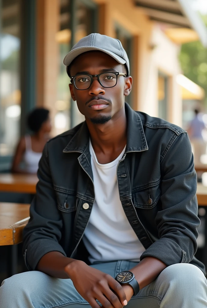 best qualityer:1.4), (ultra high resolution:1.2), (photorrealistic:1.4), (8k, CRU photo:1.2), a thin young man of 20 years old, skin black, with a smooth, beardless face, corte de cabelo buzzcut. He is wearing a white shirt and a black puffer jacket.. He is wearing light jeans. is wearing a white cap. He is sitting at a mall table. thin build. 1,75cm tall. It's sunny. thin build. is looking at the camera. 1,75 cm tall. thin build. He is wearing black prescription glasses.. He has a gray backpack on his back