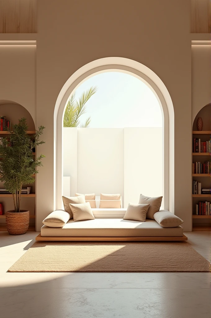 Large studio with a library, with large windows, a very thin mattress with some cushions in front of the window, a desk, all with an Arabic and Hindu theme, light colors all around
