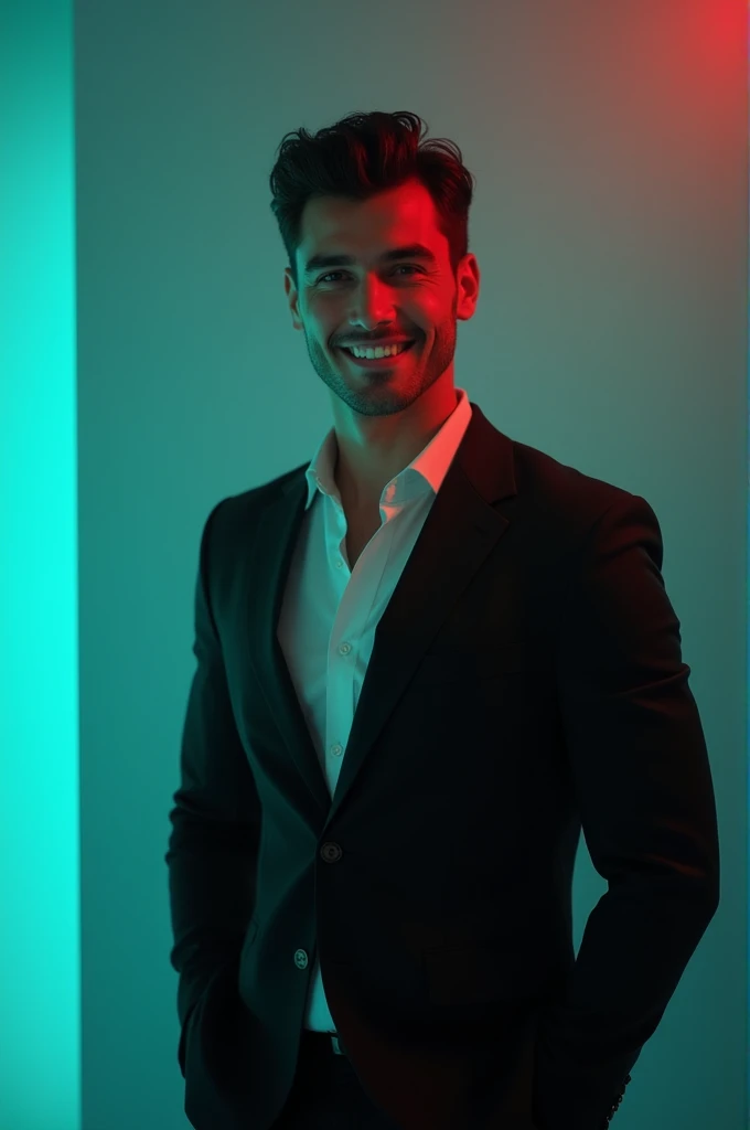 @🔥_𝐉 𝐢 𝐒 𝐚 𝐍_______🍻🚬:A young Man With Dark hair and a confident smile He is Dressed in a black blazer over a white shirt The man is positioned against aqua colour backdrop with a subtle red lighting on t