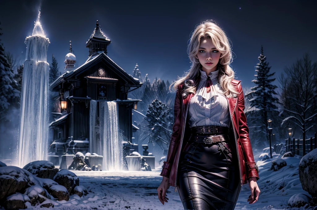 masterpiece,best quality, masterpiece, high detail,detailed face,detailed eyes,rendered eyes,perfect eyes,hip lines,crisp image,detailed,amazing,8k,8k wallpaper,8k background,high detailed skin,high res, (((cowboy shot))), solo, 1girl,looking at viewer,WillowSchnee, . Her attire consists of a white cravat secured by a silver brooch set with a red stone, as well as a light purple jacket with light sleeves, a wide belt around her waist, a matching pencil skirt with black tights and slippers. serious expression, outside stately mansion, snow, ice sculpture at center of hedge maze, holding wine glass, night, stars, seervants and security detail standing by, (volumetric lighting), sharp focus, hyper detailed