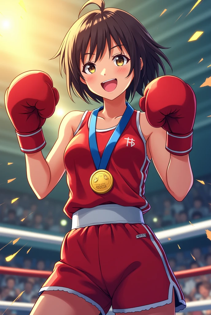 Poster d’Une boxeuse brune aux cheveux noirs courts et à une tenue rouge debout sur le ring est heureuse d'avoir remporté la médaille d'or avec style anime