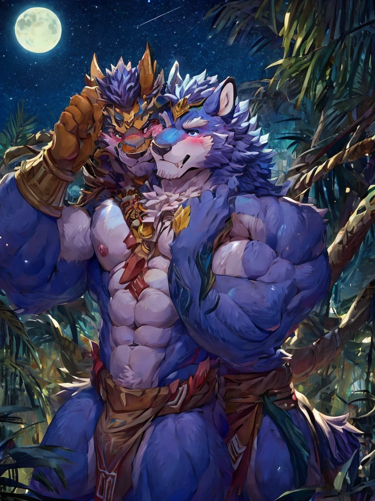 Jungle, loincloth, two people, touching genitals, night, beautiful starry sky, blush, fearless, muscular, dignified々Beautiful face Naked
