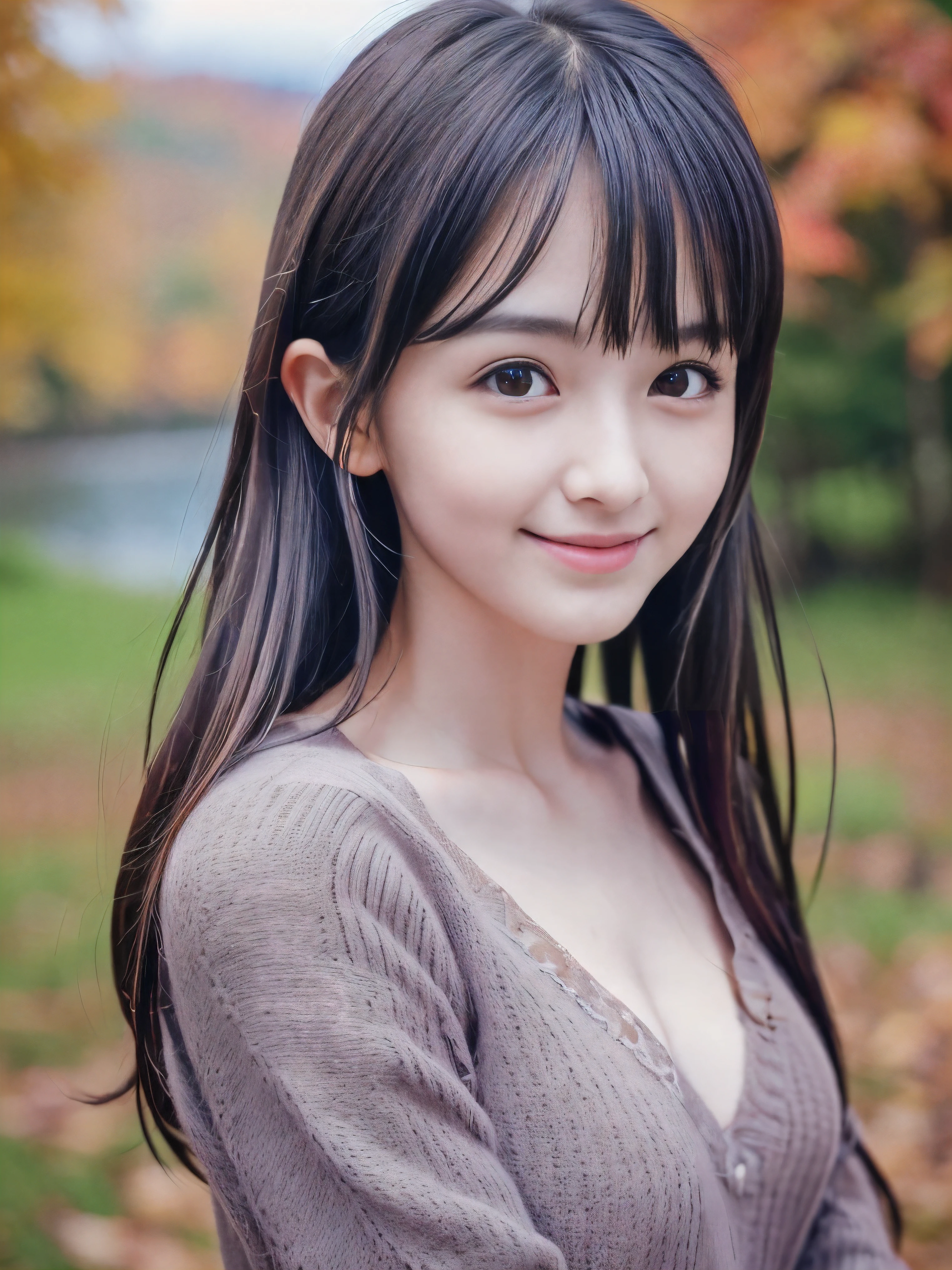 (Close up face shot of one slender small breasts dark silver long hair with swept bangs girl in a long sleeves shirt and sweater:1.5)、(One girl is leaning forward with happy smile on the dart road near the lake and big waterfall:1.5)、(Beautiful autumn red leaves and mountain view:1.5)、(Natural light:1.5)、(8k ultra detailed master piece:1.5)、(perfect anatomy:1.5)、(Photorealistic stick:1.5)、(Raw photo:1.3)、(highest quality:1.5)、(High resolution:1.3)、(Delicate and beautiful perfect face:1.3)、(Delicate and beautiful eye air skin:1.3)、(Real Human Skin:1.3)、((thin legs))