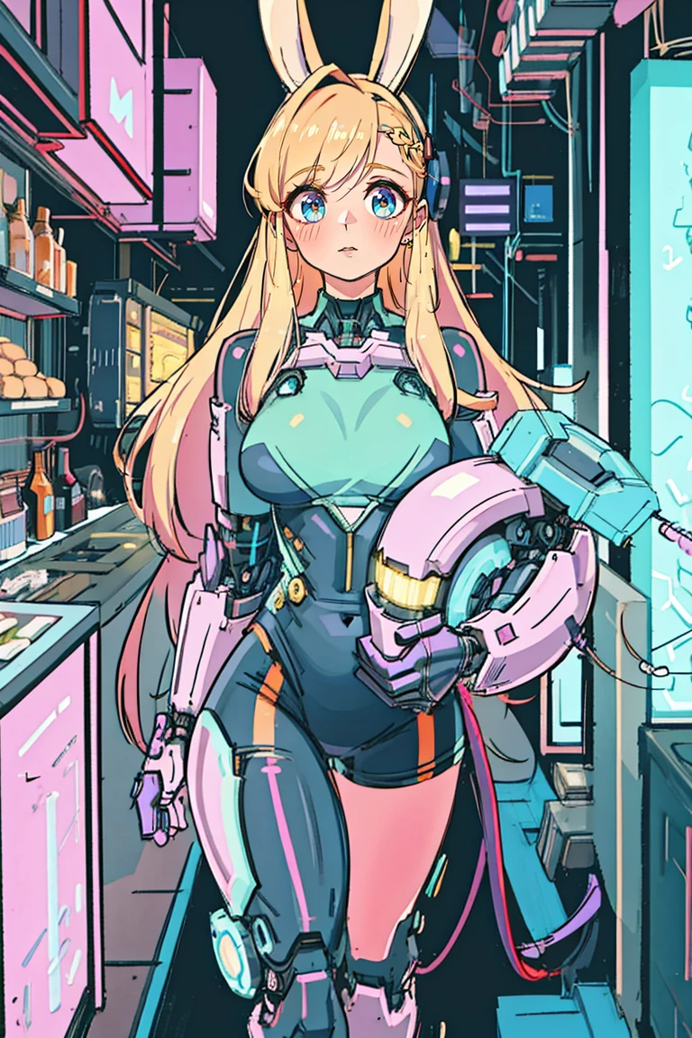 a cute cyborg girl with rabbit ears, beautiful detailed eyes, beautiful detailed lips, extremely detailed face and features, long eyelashes, beautiful fair skin, adorable expression, anime-style, detailed bronze mechanical body parts, intricate cybernetic enhancements, complex circuitry, futuristic setting, glowing neon lights, cinematic lighting, vibrant colors, hyperrealistic, 8k, high quality, masterpiece,full_body