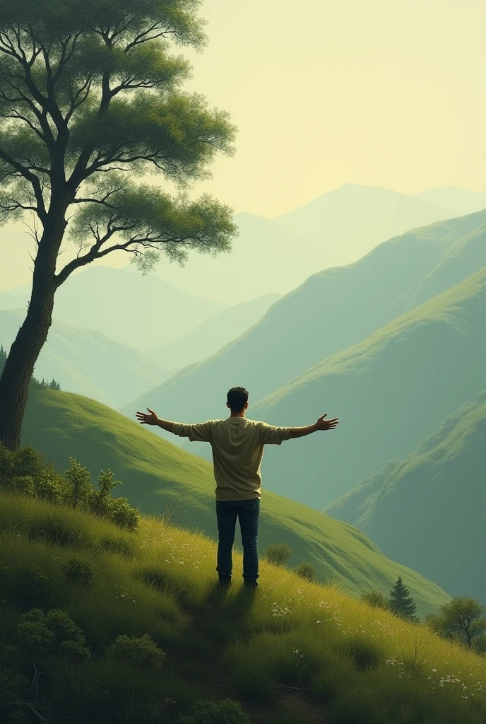 A man standing peace fully in hills
spreading his both arms face is opposite some large tree