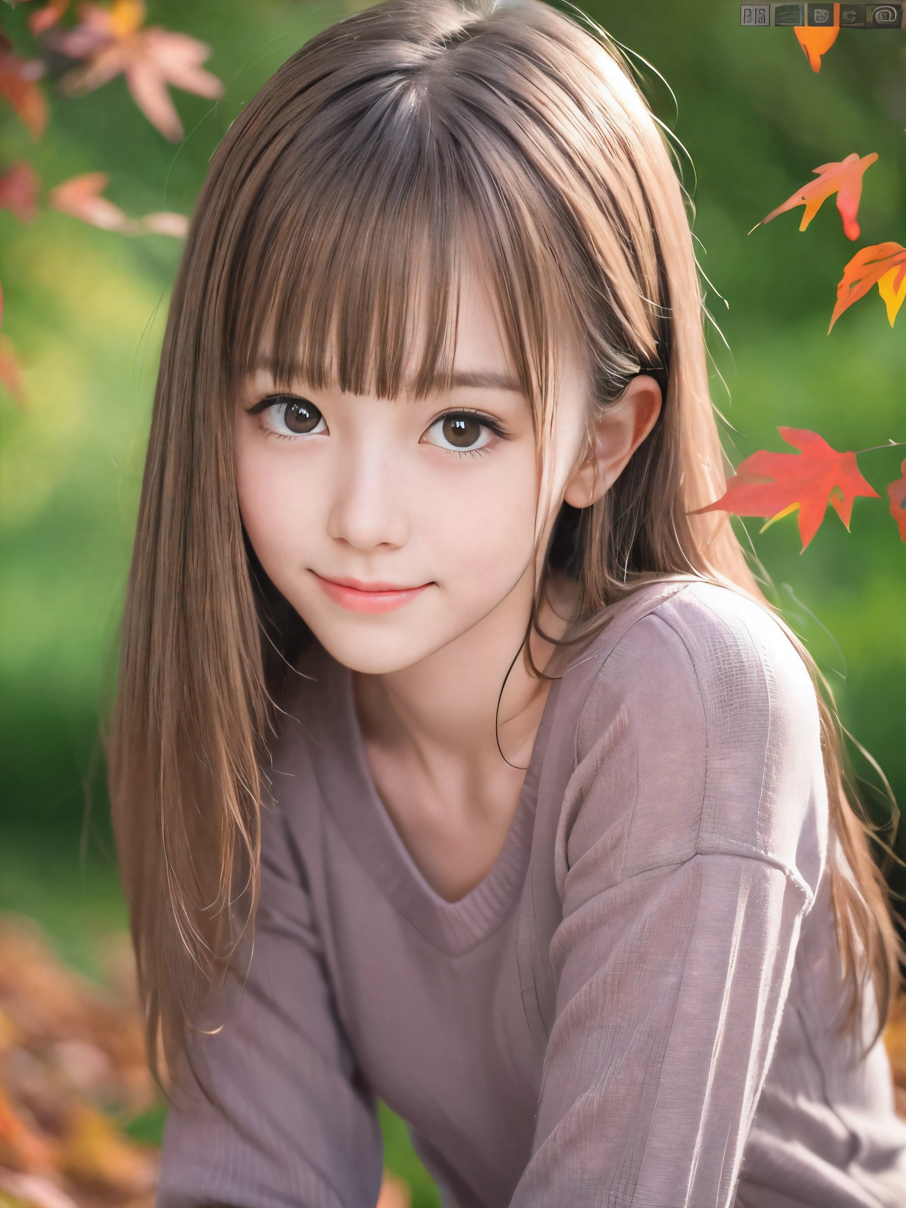 (Close up face shot of one slender small breasts half up blonde long hair with bangs girl in a long sleeves shirt and sweater:1.5)、(One blonde hair girl is leaning forward with small smile on the dart road near the lake and big waterfall:1.5)、(Beautiful autumn red leaves and mountain:1.5)、(Natural light:1.5)、(8k ultra detailed master piece:1.5)、(perfect anatomy:1.5)、(Photorealistic stick:1.5)、(Raw photo:1.3)、(highest quality:1.5)、(High resolution:1.3)、(Delicate and beautiful perfect face:1.3)、(Delicate and beautiful eye air skin:1.3)、(Real Human Skin:1.3)、((thin legs))