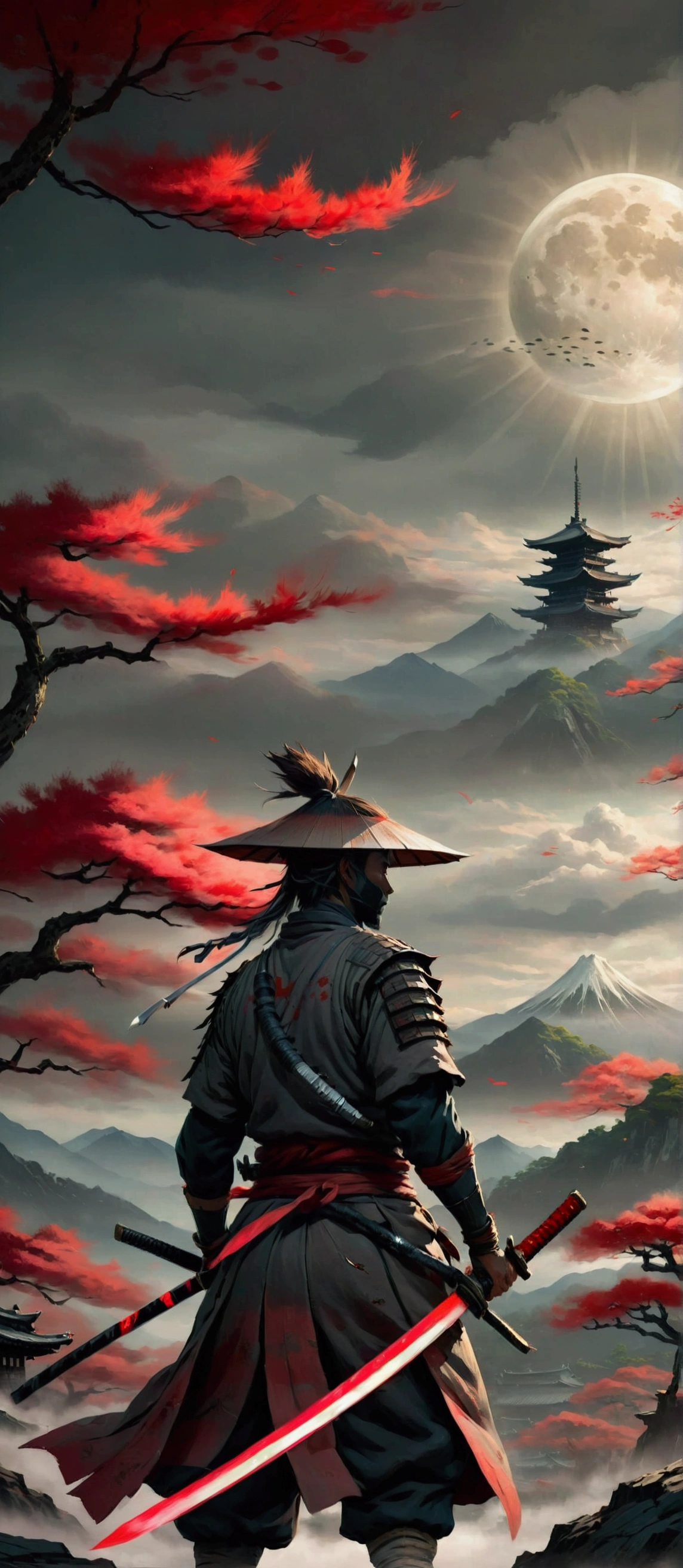 a painting of a man with a sword and a red sun, sekiro in bloodborne world, sekiro, inspired by Kanō Hōgai, feudal japan art, ghost of tsushima, traditional japanese concept art, inspired by Edo Murtić, ronin, inspired by Ma Shi, sekiro mountain, samurai style, benedick bana