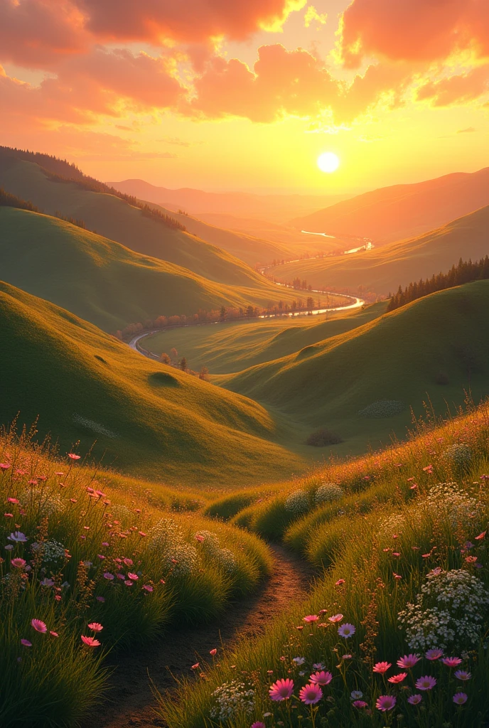 Countryside landscape with sunset without simple trees