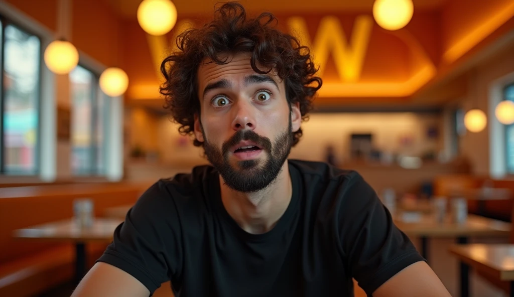 A highly realistic, high-contrast, 8K HD, detailed, hyper-detailed image of a fast-food restaurant commercial for "Wack," with a logo similar to McDonald's but featuring a "W." The scene focuses on a young man with curly hair and a beard, wearing a black T-shirt, sitting in a chair and looking directly at the camera with an expression of surprise and curiosity. The man’s facial expression, as depicted in the provided image, is emphasized. The setting is a modern fast-food restaurant with warm orange lighting, creating a cozy and dynamic atmosphere. The image is ultra-high resolution, with RAW photo quality, capturing every detail precisely. The background prominently features the "Wack" brand logo.
