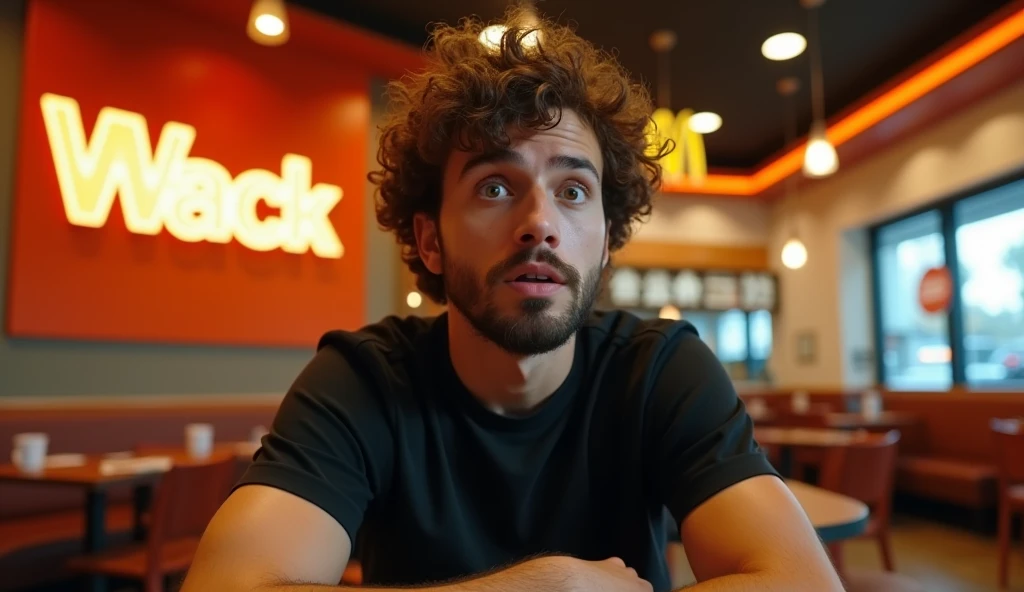 A highly realistic, high-contrast, 8K HD, detailed, hyper-detailed image of a fast-food restaurant commercial for "Wack," with a logo similar to McDonald's but featuring a "W." The scene focuses on a young man with curly hair and a beard, wearing a black T-shirt, sitting in a chair and looking directly at the camera with an expression of surprise and curiosity. The man’s facial expression, as depicted in the provided image, is emphasized. The setting is a modern fast-food restaurant with warm orange lighting, creating a cozy and dynamic atmosphere. The image is ultra-high resolution, with RAW photo quality, capturing every detail precisely. The background prominently features the "Wack" brand logo.
