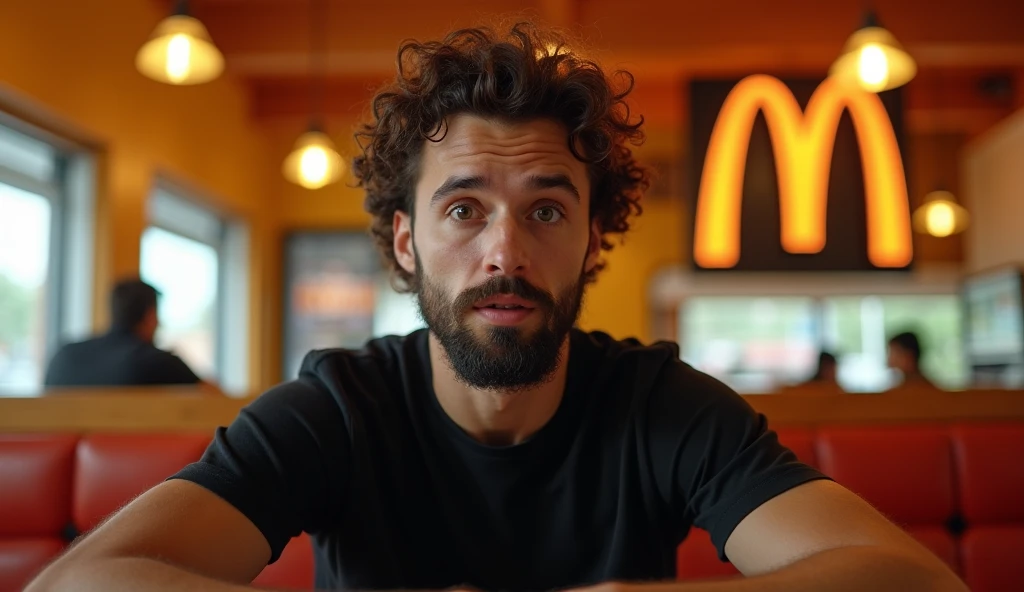 A highly realistic, high-contrast, 8K HD, detailed, hyper-detailed image of a fast-food restaurant commercial for "Wack," with a logo similar to McDonald's but featuring a "W." The scene focuses on a young man with curly hair and a beard, wearing a black T-shirt, sitting in a chair and looking directly at the camera with an expression of surprise and curiosity. The man’s facial expression, as depicted in the provided image, is emphasized. The setting is a modern fast-food restaurant with warm orange lighting, creating a cozy and dynamic atmosphere. The image is ultra-high resolution, with RAW photo quality, capturing every detail precisely. The background prominently features the "Wack" brand logo.
