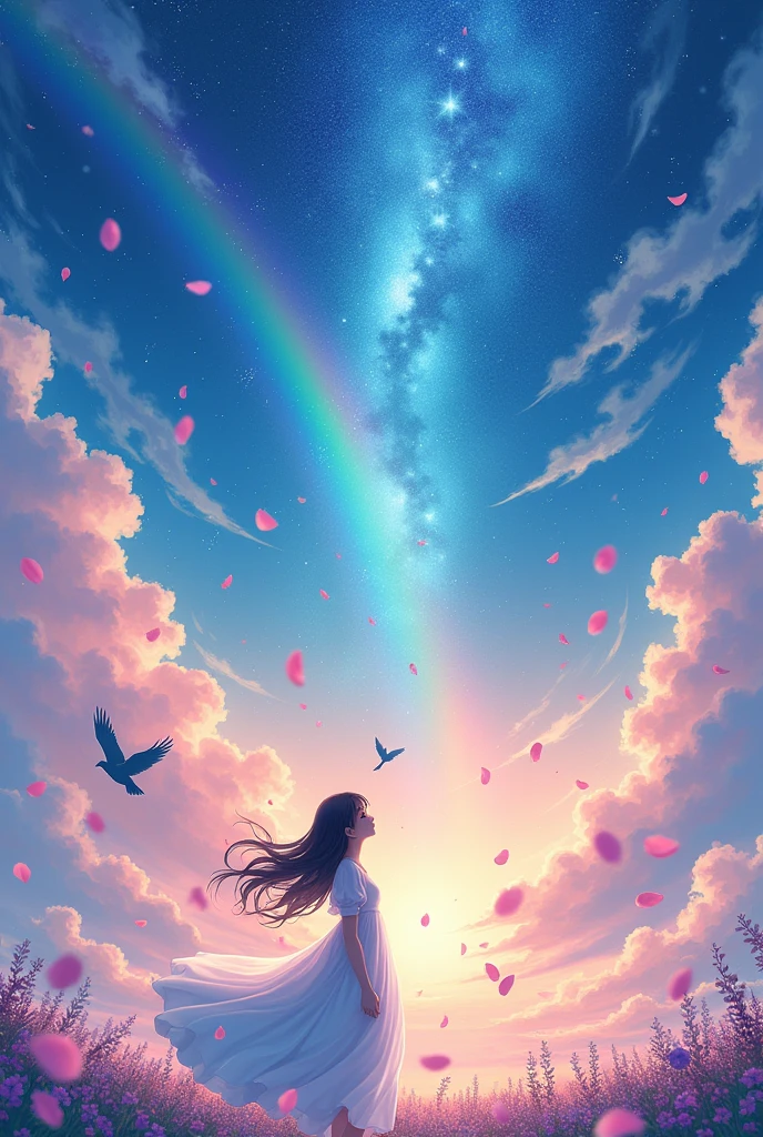 Starry Sky,petal,rainbow,cloud,In the sky,Birds,female,White dress,Colorful,Anime Style,Makoto Shinkai style
