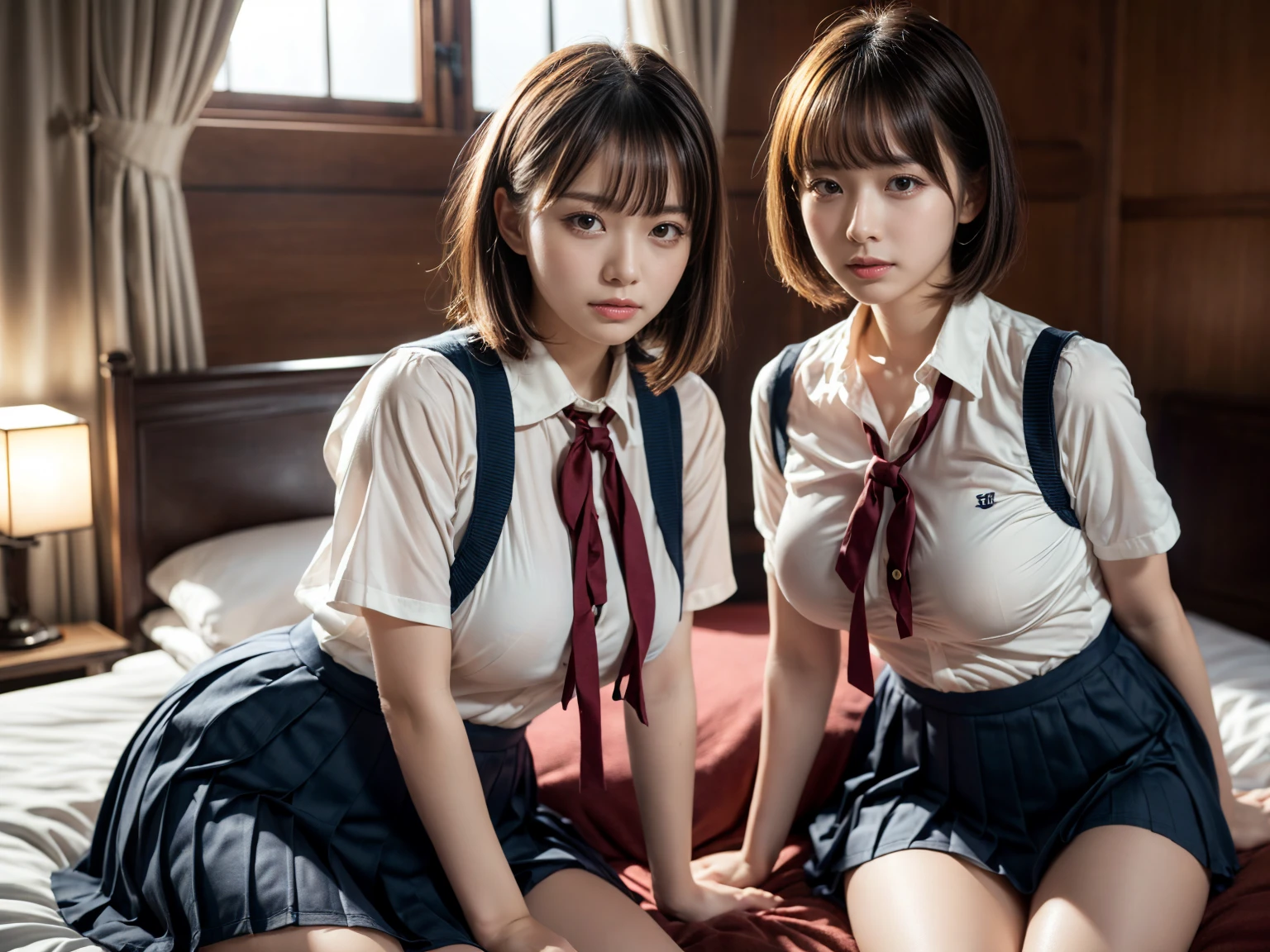 (RAW photo, 4k, masterpiece, high resolution, extremely complex) (realistic: 1.4), cinematic lighting
((2 girls, 2 girls)),Slam Dunk's,blushing,((innocent)),(Dark makeup),bright eyes,round eyes,blunt bangs,(short bob hair:1.3),black hair,large breasts,wide hips,Summer Noon, ,Hot, (Best Quality), (Highres), (an Extremely Delicate and Beautiful),(Beautiful 8k face),(Brown eyes),short bob hair,( spectators),(gigantic breasts),(Play with each other,Touching each other's bodies,Touching the body),(Japanese high school uniform:1.3),blue skirt,(reality),bright lighting,(The background is a luxury hotel room)