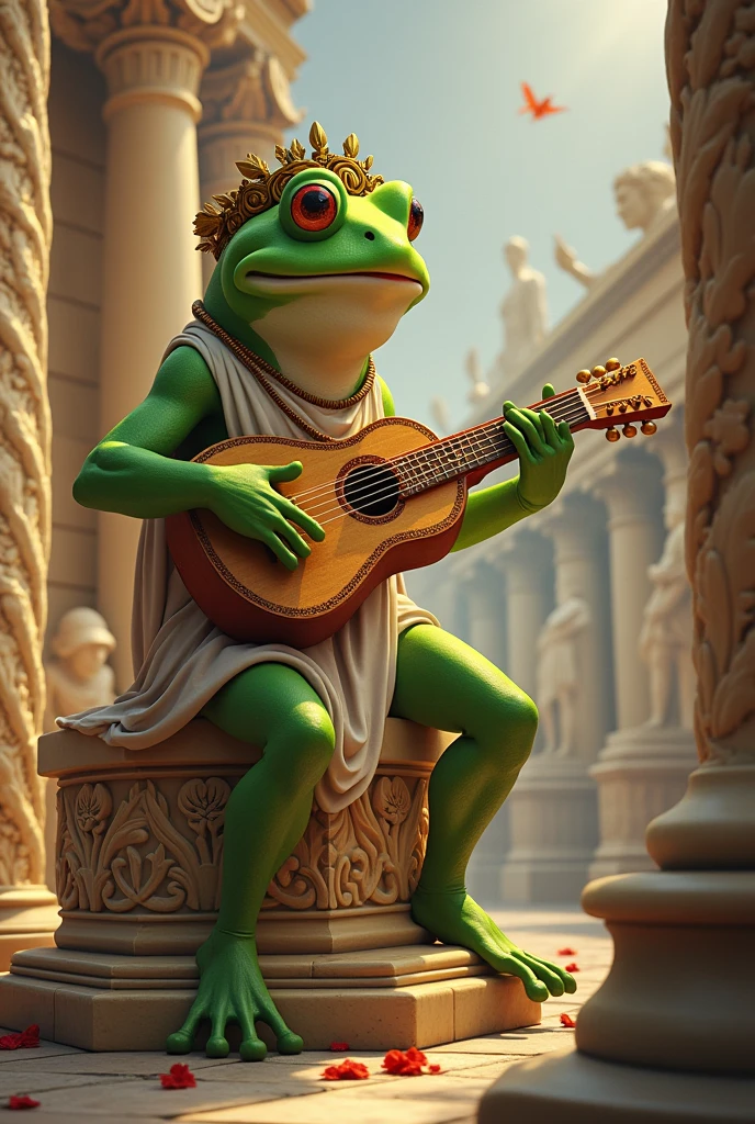 A frog in ancient Rome playing guitar for the Roman gods