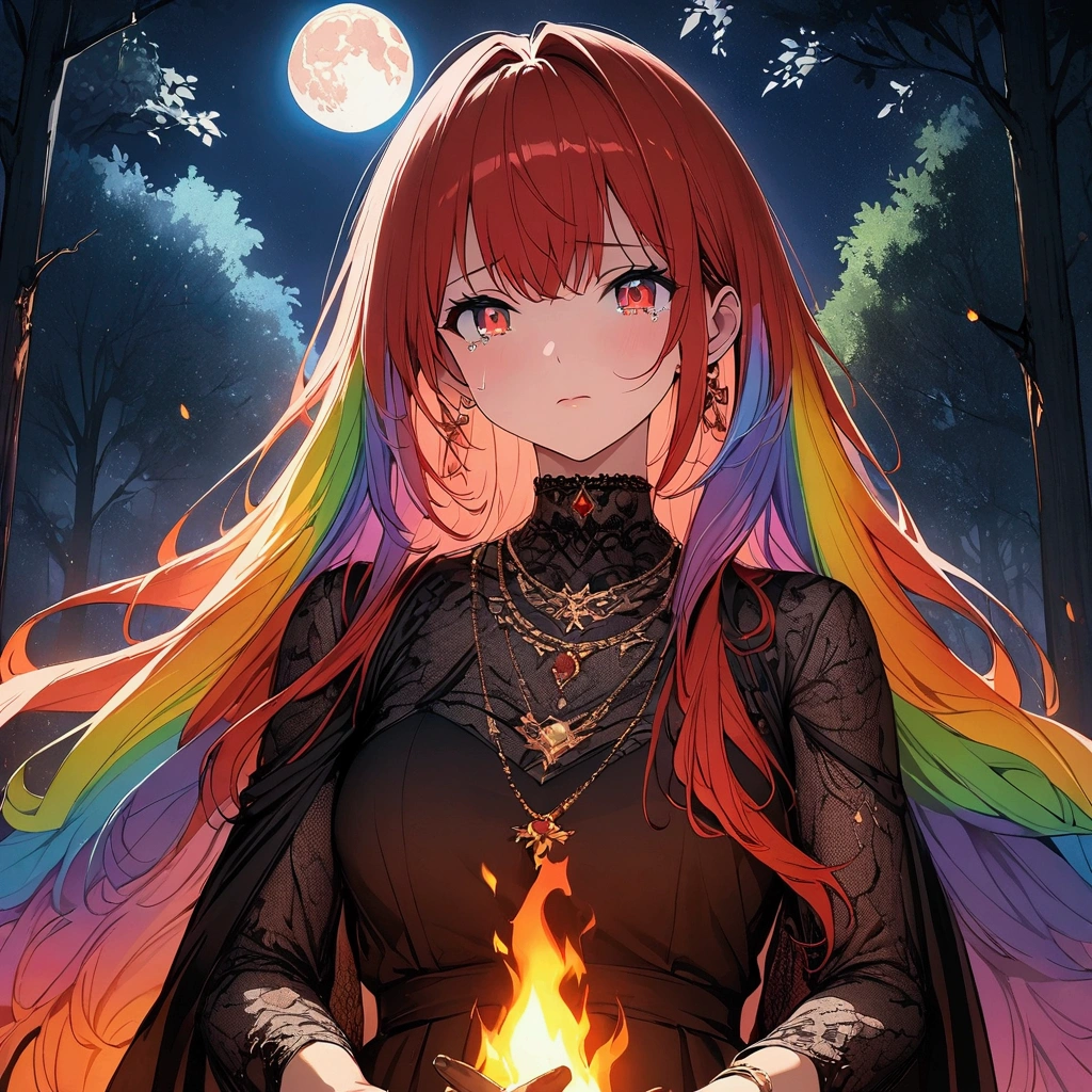 (((anime))) One Woman,Warrior with a sword,Long Hair,(Rainbow Hair),Bangs parted in the center,necklace ((Red eyes)),Big Eyes,Tears: Hero's Clothes,The Legend of Zelda,in the forest,Bonfire,night,full moon,star,Backlight,masterpiece,Highest quality,Exquisite,8k,Absurd,Ultra-fine illustrations,(View your audience)