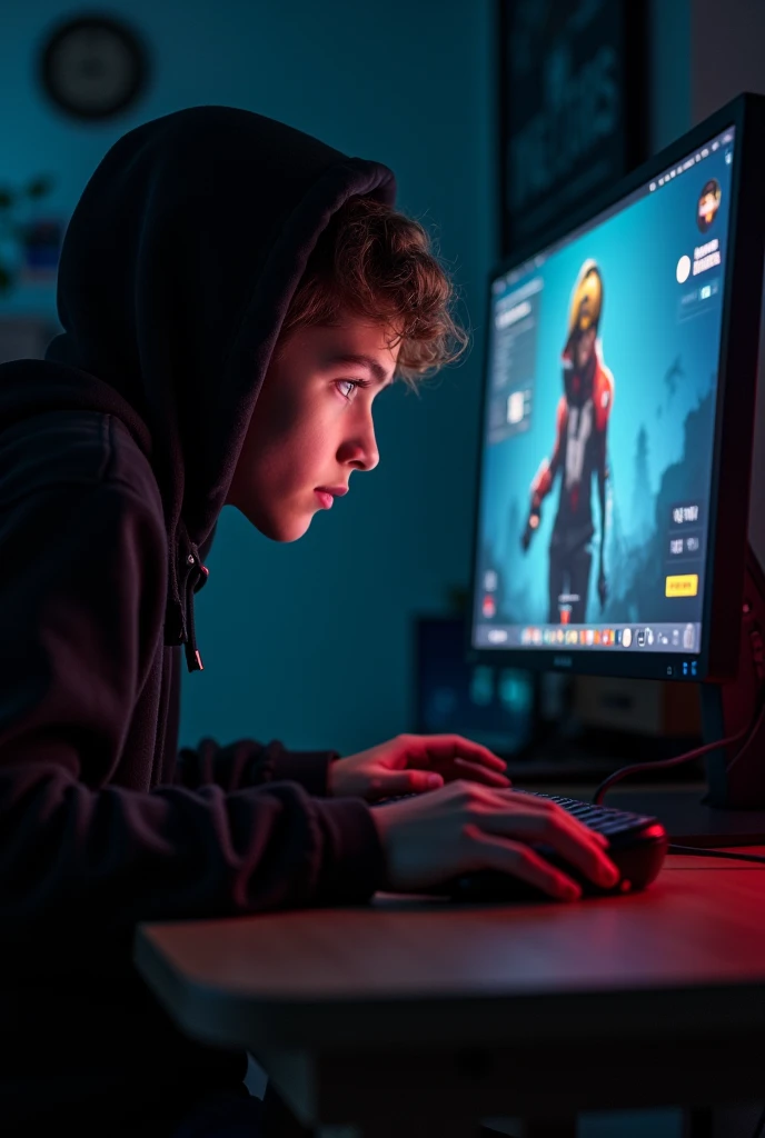 A teen ager 14 yare old teen ager boy playing freefire game 
 in PC in a dark all lights off room and PC screen light flex in his face with black hudey  free fire  character playing freefire prims for Whatsapp dp one hand on keyboard and one hand on mouse