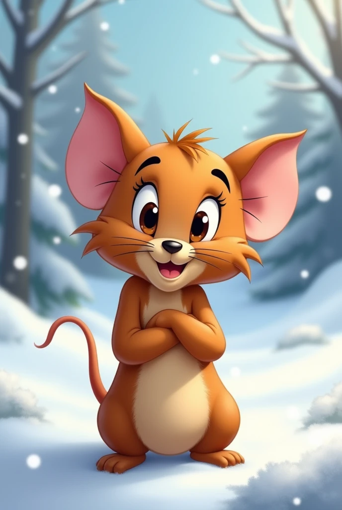 Caracter from tom and jerry , brown jerry looking like the cutest with snowy background