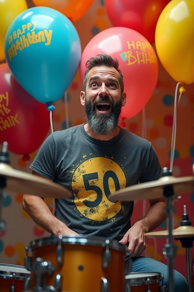 50 year old man playing drums, with a thick beard and short hair , behind some balloons that say happy birthday fla, with the clash t-shirt, short y tennis vans