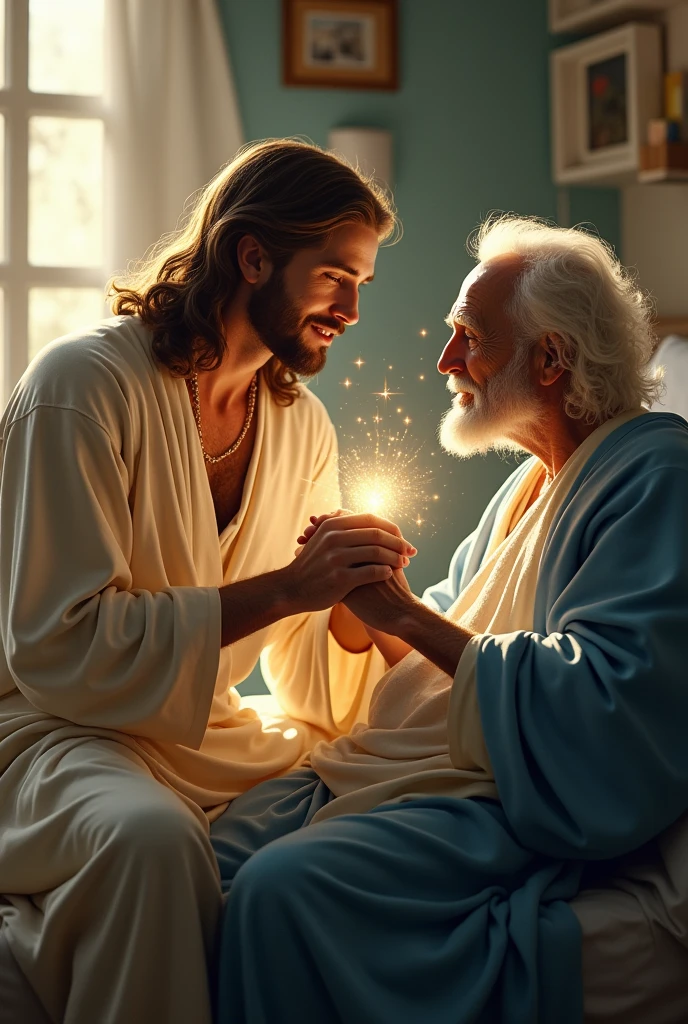 (photorealism:1.2), Handsome Jesus Christ, sitting on bed together with a sickness old man holding his hand, the face of sickness old man is visible, the light of his head and heart is sparkling all over, wearing the blue color of beautiful king clothes, the light in his head and heart is sparkling, nice hair, indoors, soft lighting, hospital of bed ridden in the background, window with sunlight, cozy room, relaxed pose, realistic, intricate details, warm colors,