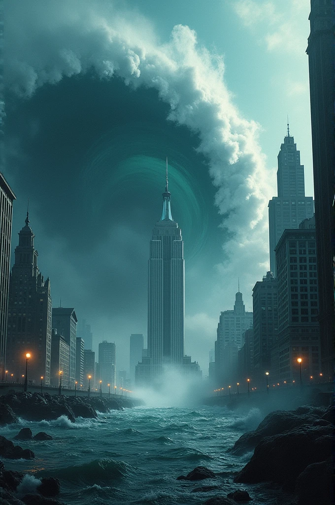 A movie poster, with a city underwater, and in the center of the poster, A giant wave hitting a building