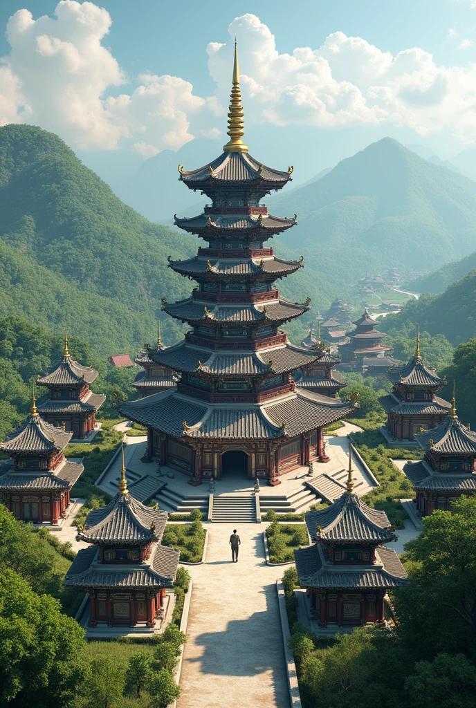 Village temple with seven meru pagodas