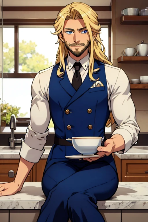 Perfect face. Perfect hands. A muscular blonde haired man with blue eyes and long hair and a dark beard in a butler's uniform is smiling while sitting on a counter in a fancy kitchen