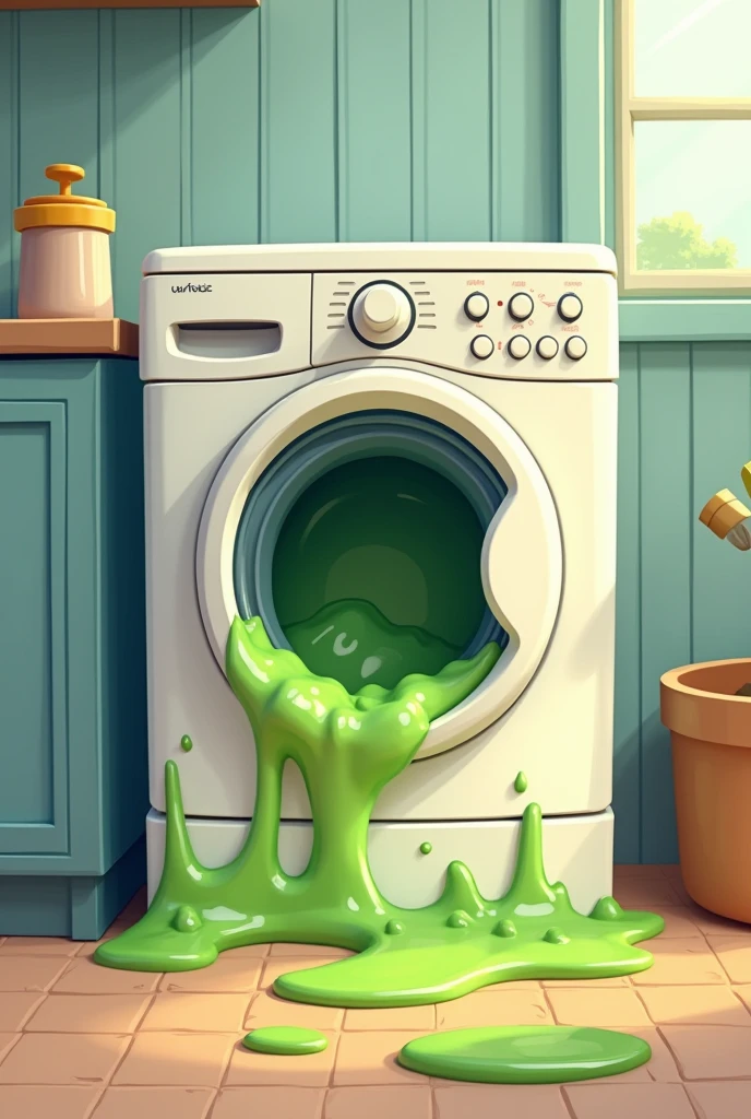 washing machine door with a bad smell with green  from the inside, in the style of an animated film