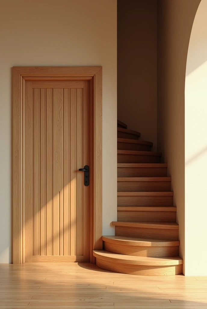 generate an image of the door of a simple room and next to it there is a wooden spiral staircase that leads upstairs