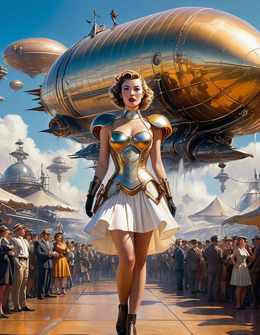 a woman in a futuristic dress stands in front of the crowd, large dieselpunk flying airships, drip, Inspired by Gil Elvgren, female paladin in fantasy style, Inspired by Mark Brooks, [ bubbles, Portrait of Helen of Troy, skis - fi : :, golden armor  