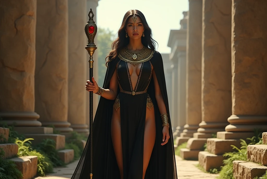 Inanna in Cinderella style, (work of art), best qualityer, (transparentes), expressive eyes, rosto perfeito Inanna dressed in black and gold, sumerian goddess style,, in dominatrix attire with an almost transparent black cape, dramatic diffused lighting. She holds a scepter with a red gemstone. she is gigantic and strong, over 2 meters tall. the background is made of a wall of gigantic stones and a garden. she is hot