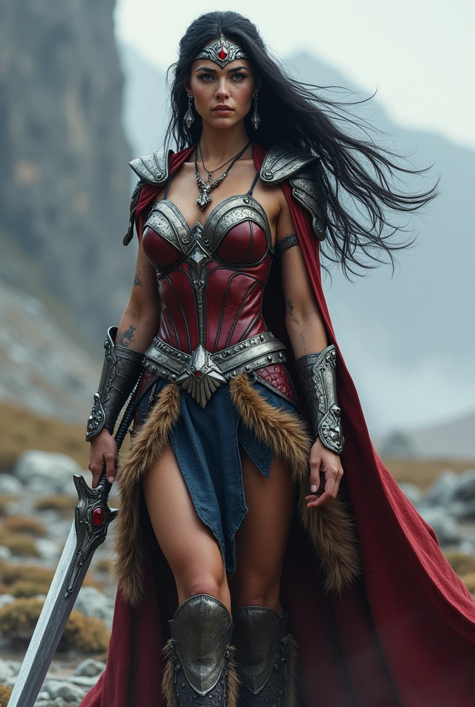 (((A beautiful woman with long black windblown hair under the cloak of the Amazon warrior Wonder Woman((((((Sheepskin skirt sobre Black legis)))))),(((Red corset with a wide silver metal eagle covering her breasts as an emblem))),(((Dark silver metal bracelets))),(((Red sheepskin boots long up to his knees with sheepskin on the edge)),(((Sheepskin on his shoulders))),(((Tattoos on one of her arms and a wide silver metal headband with a red star ruby on her forehead)))Giant Viking style sword in his hand))),(((Wonder Woman Vikingo))),(((Black legis))),((((((Red boots in sheepskin with beige trim)))))),((((((Sheepskin skirt)))))),((((((((Sheepskin skirt)))))))),(((((Sheepskin boots)))))