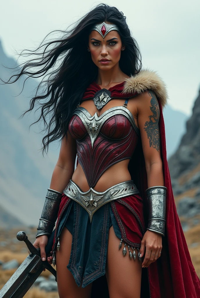 (((A beautiful woman with long black windblown hair under the cloak of the Amazon warrior Wonder Woman((((((Sheepskin skirt sobre Black legis)))))),(((Red corset with a wide silver metal eagle covering her breasts as an emblem))),(((Dark silver metal bracelets))),(((Red sheepskin boots long up to his knees with sheepskin on the edge)),(((Sheepskin on his shoulders))),(((Tattoos on one of her arms and a wide silver metal headband with a red star ruby on her forehead)))Giant Viking style sword in his hand))),(((Wonder Woman Vikingo))),(((Black legis))),((((((Red boots in sheepskin with beige trim)))))),((((((Sheepskin skirt)))))),((((((((Sheepskin skirt)))))))),(((((Sheepskin boots)))))