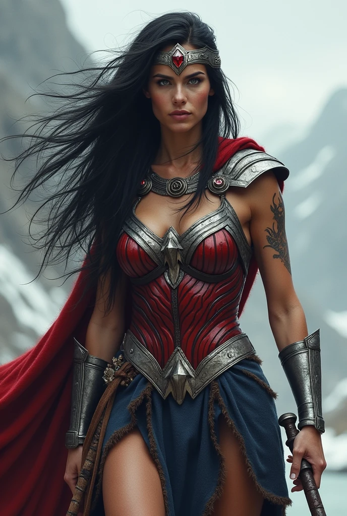 (((A beautiful woman with long black windblown hair under the cloak of the Amazon warrior Wonder Woman((((((Sheepskin skirt sobre Black legis)))))),(((Red corset with a wide silver metal eagle covering her breasts as an emblem))),(((Dark silver metal bracelets))),(((Red sheepskin boots long up to his knees with sheepskin on the edge)),(((Sheepskin on his shoulders))),(((Tattoos on one of her arms and a wide silver metal headband with a red star ruby on her forehead)))Giant Viking style sword in his hand))),(((Wonder Woman Vikingo))),(((Black legis))),((((((Red boots in sheepskin with beige trim)))))),((((((Sheepskin skirt)))))),((((((((Sheepskin skirt)))))))),(((((Sheepskin boots)))))