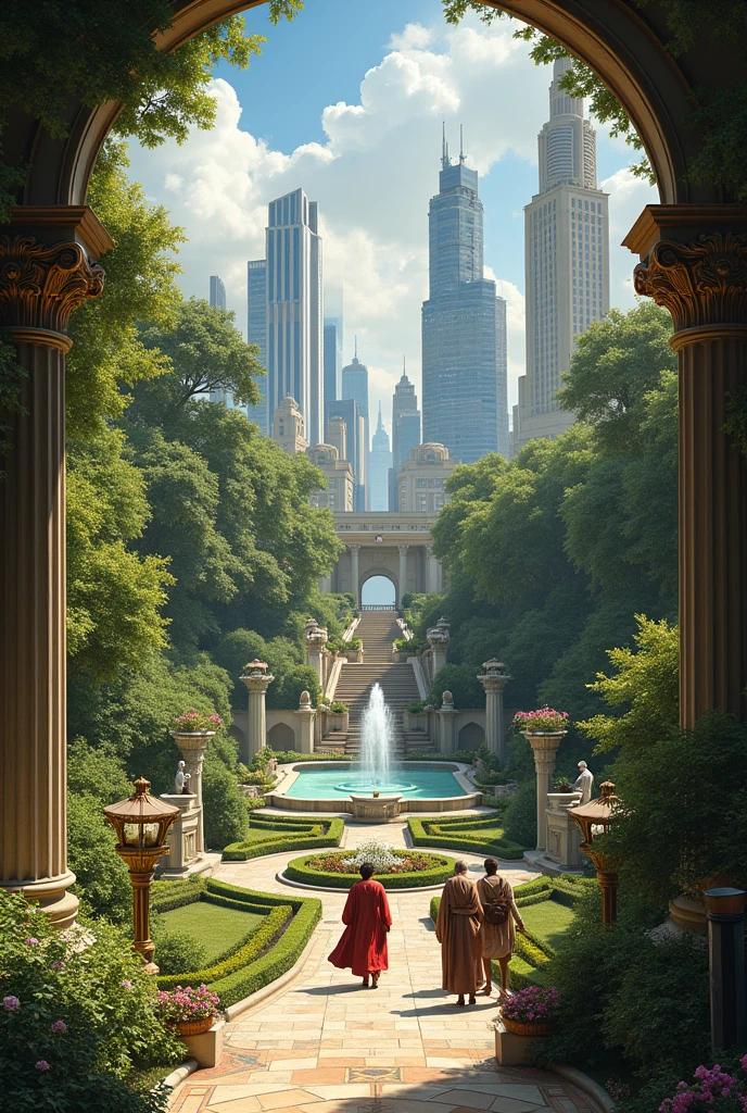 "the garden of eden" in an urban setting: A lush and heavenly Renaissance garden within a modern urban setting, with several people in modern clothes outside the garden, symbolizing the presence of God in nature and in the everyday environment. The image must be in the style of Renaissance paintings.